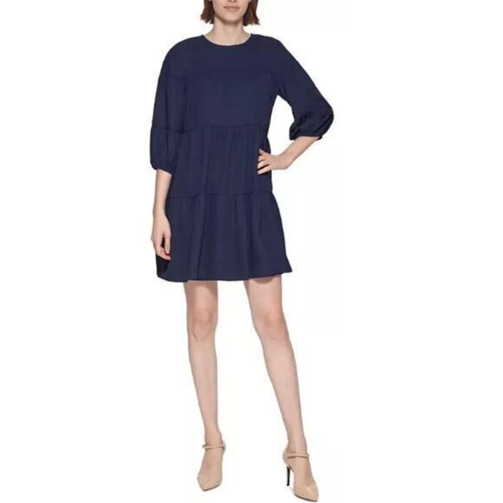 Calvin Klein Women's Blue Textured Tiered Round Neck Shift Dress Petite Size 4P